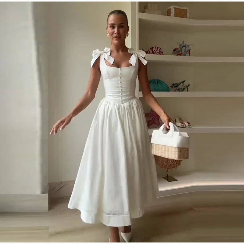 Fashion Woman Solid Bow A-line Dresses Ankle-length Sleeveless Backless Elegant Robes Swish Evening Party Bandage Slim Vestido
