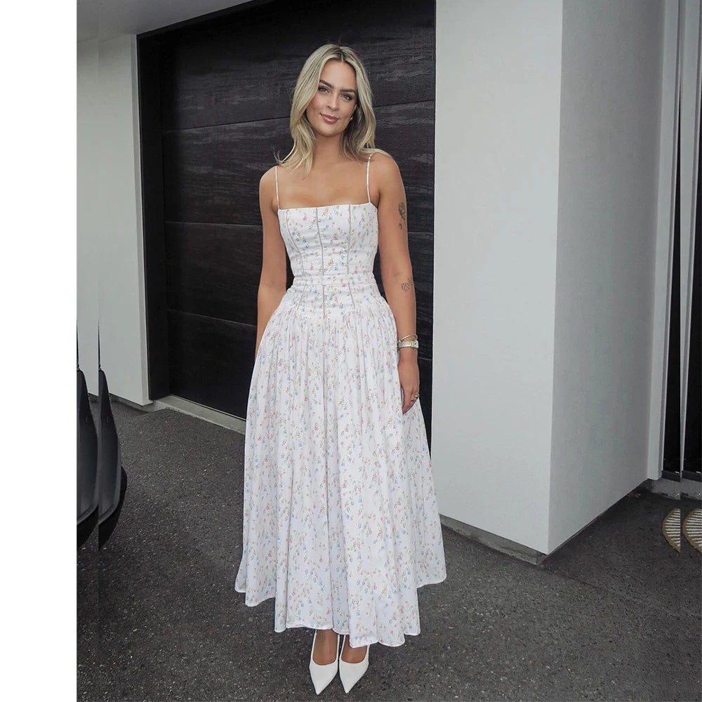 Suninheart Summer Clothes for Women Midi Elegant Dress 2025 New Arrivals White Floral Print Holiday Dress