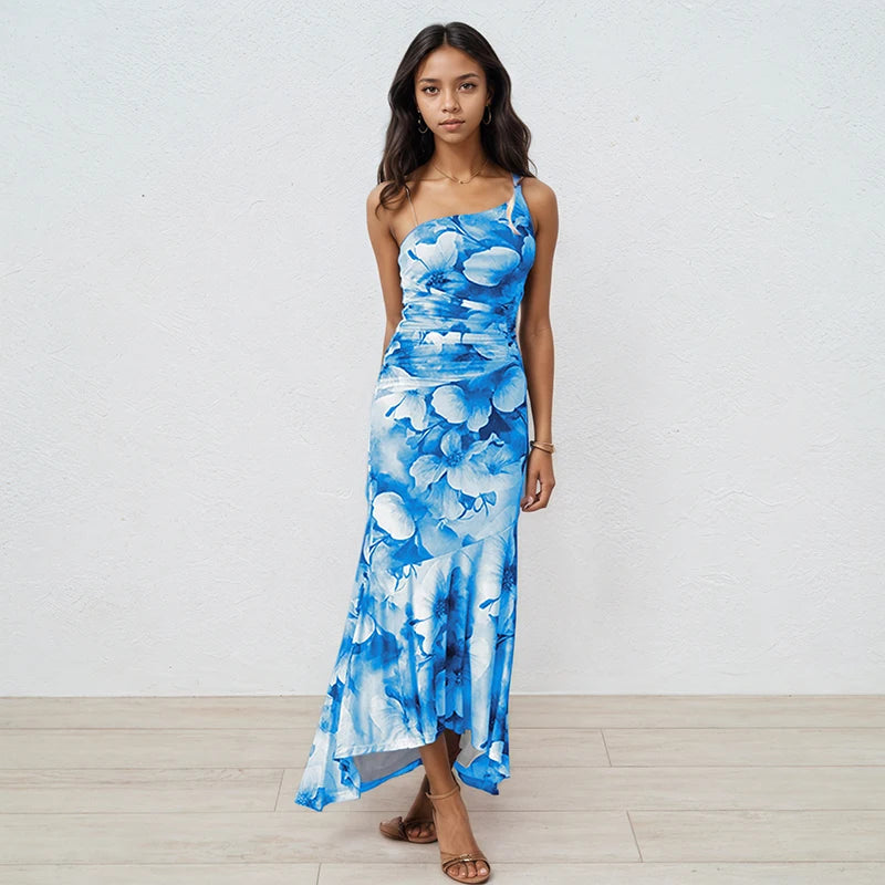 DEAT 2025 Summer New Asymmetric Shoulder Print Contrast Color Dresses For Women Beach Vacation Style Dress Female 33A4229