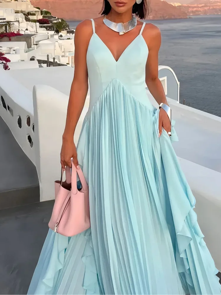 Women Blue V-neck Spaghetti Strap Dress Solid Elegant Sleeveless Waist Slimming Ruffle Edge Gowns Holiday Evening Dresses 2025