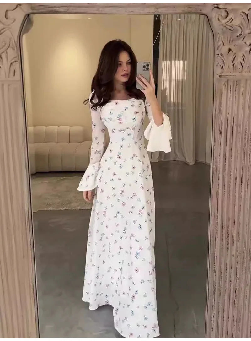 Elegant Women Long Dress Women 2025 Summer Floral Printed Long Sleeved Flare Sleeves Fashion Slim Fit Female Dresses Casual