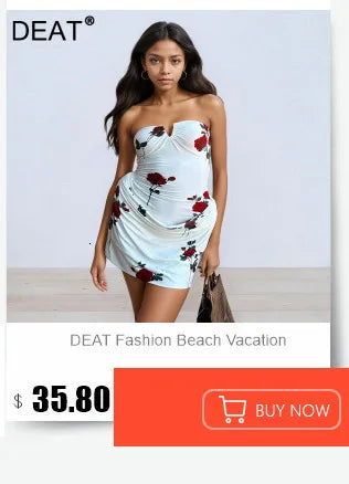 DEAT 2025 Summer New Asymmetric Shoulder Print Contrast Color Dresses For Women Beach Vacation Style Dress Female 33A4229