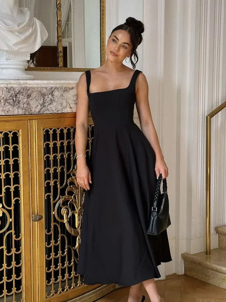 Black A-line Women's Long Dress Elegant Square Neck Pleated Sleeveless Sling Maxi Dresses 2025 Summer Lady Vacation Party Robes