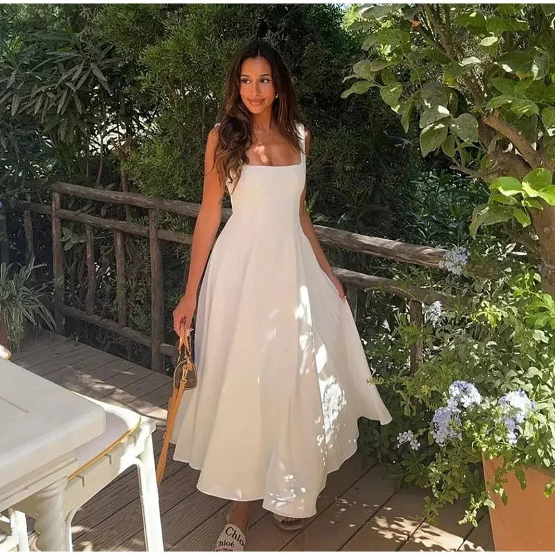 Elegant Square Neck Midi Dress For Women Summer Sleeveless High Waist Party Wedding Dress Female Chic Holiday Evening Vestidos