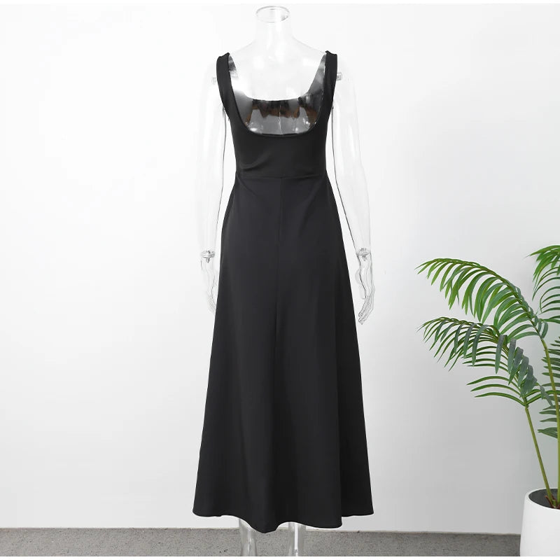 Black A-line Women's Long Dress Elegant Square Neck Pleated Sleeveless Sling Maxi Dresses 2025 Summer Lady Vacation Party Robes