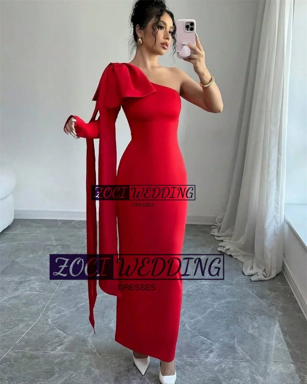 Zoci Sexy One Shoulder Saudi Arabic Prom Dresses Red Elastic Satin Bow Straps Formal Party Gown Customized Mermaid Evening Gown