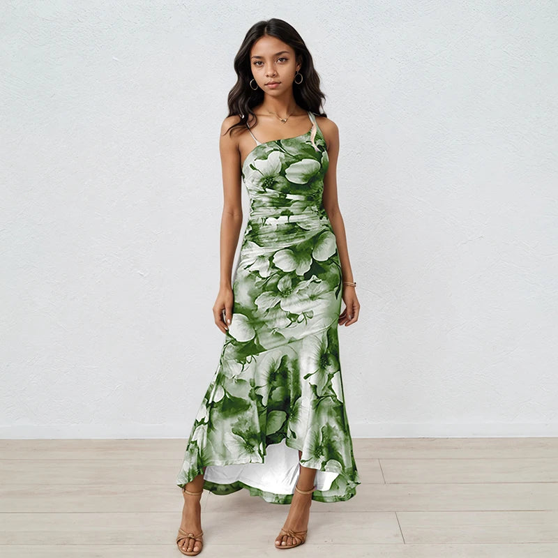 DEAT 2025 Summer New Asymmetric Shoulder Print Contrast Color Dresses For Women Beach Vacation Style Dress Female 33A4229