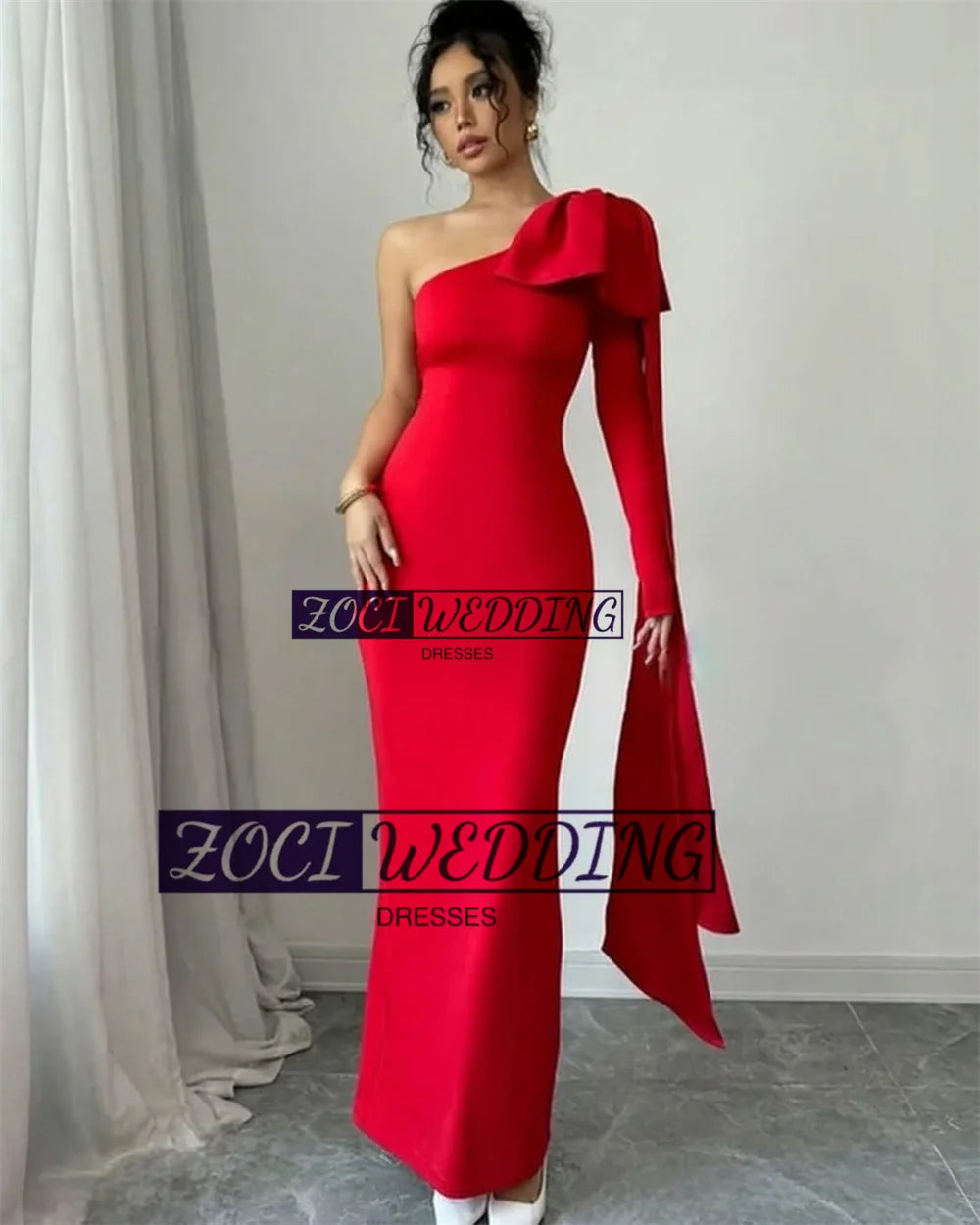 Zoci Sexy One Shoulder Saudi Arabic Prom Dresses Red Elastic Satin Bow Straps Formal Party Gown Customized Mermaid Evening Gown