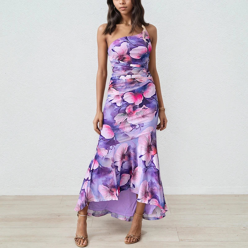 DEAT 2025 Summer New Asymmetric Shoulder Print Contrast Color Dresses For Women Beach Vacation Style Dress Female 33A4229
