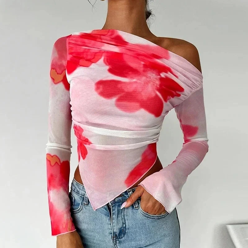 Sexy Long Sleeve T Shirt Women Slash Neck Printed Short Tops Female Elegant Slim Tee Women T-Shirts Spring Summer Shirt
