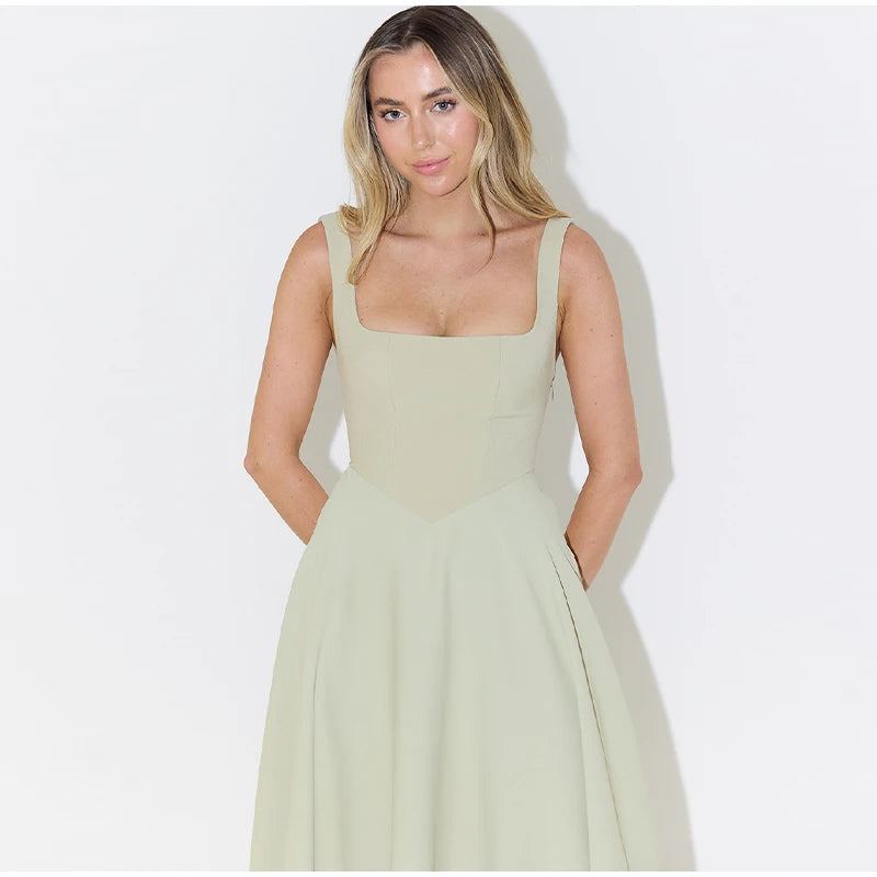 Elegant Square Neck Midi Dress For Women Summer Sleeveless High Waist Party Wedding Dress Female Chic Holiday Evening Vestidos