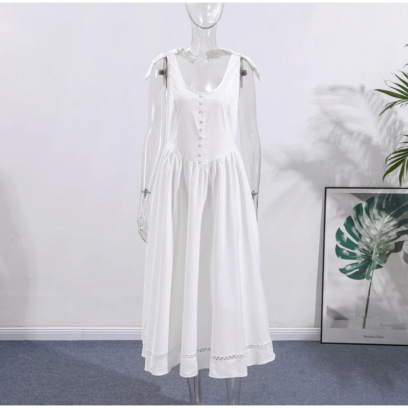 Fashion Woman Solid Bow A-line Dresses Ankle-length Sleeveless Backless Elegant Robes Swish Evening Party Bandage Slim Vestido