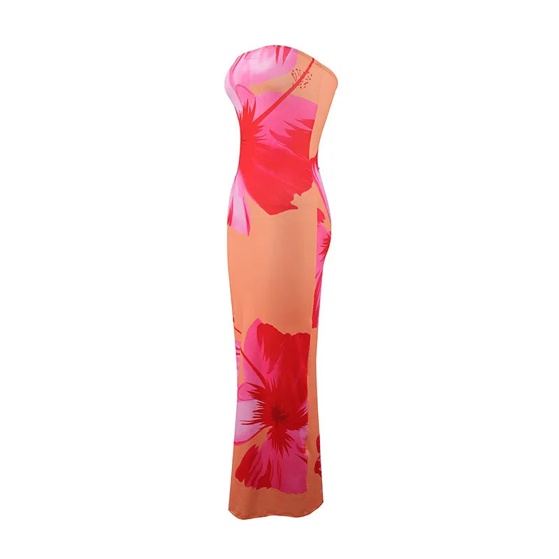 Summer 2025 New Fashion Temperament Sexy Strapless Slim Holiday Long Dress Elegant Backless Printing Sleeveless Dress