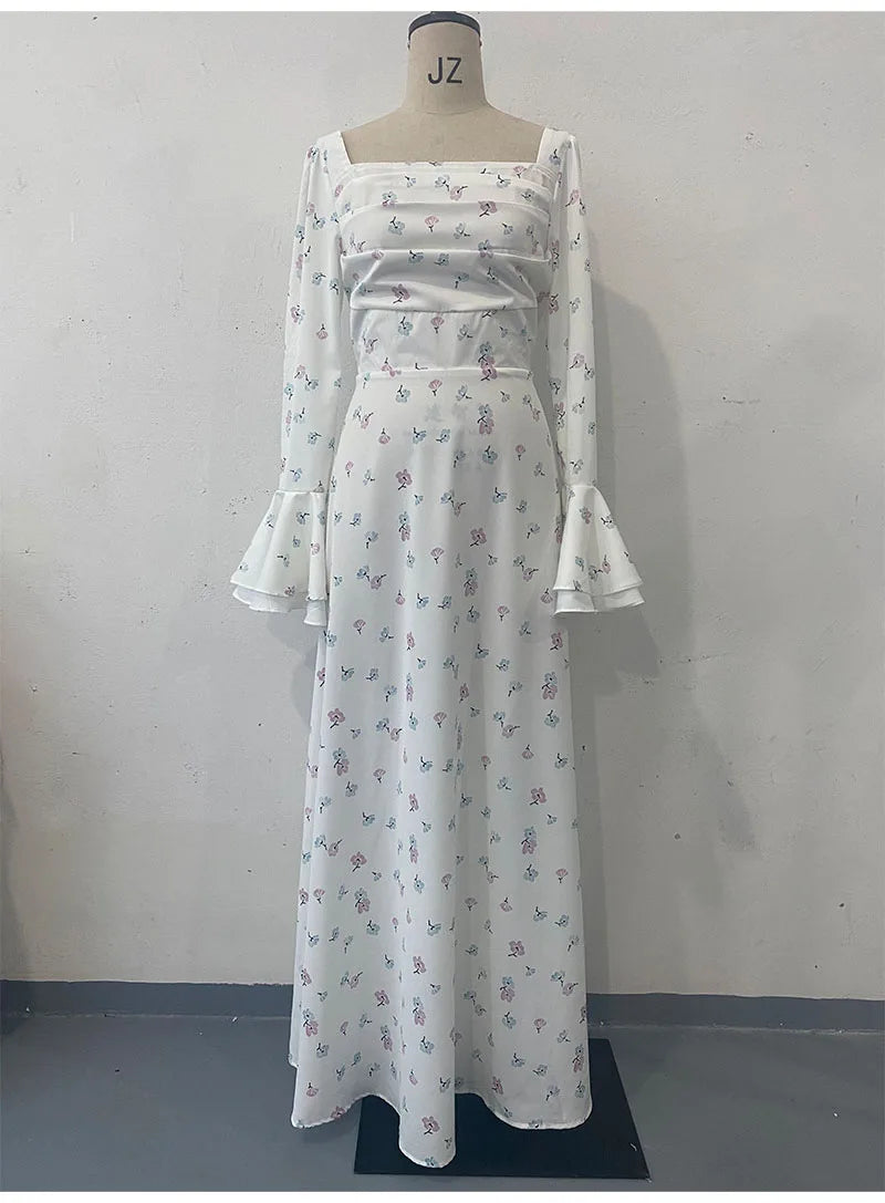 Elegant Women Long Dress Women 2025 Summer Floral Printed Long Sleeved Flare Sleeves Fashion Slim Fit Female Dresses Casual