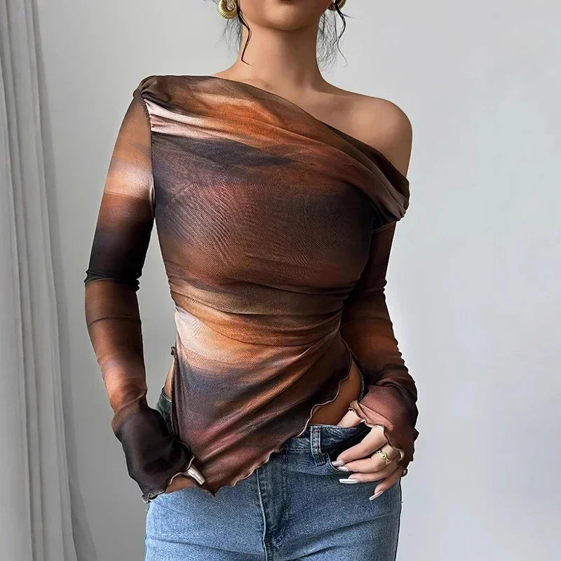Sexy Long Sleeve T Shirt Women Slash Neck Printed Short Tops Female Elegant Slim Tee Women T-Shirts Spring Summer Shirt