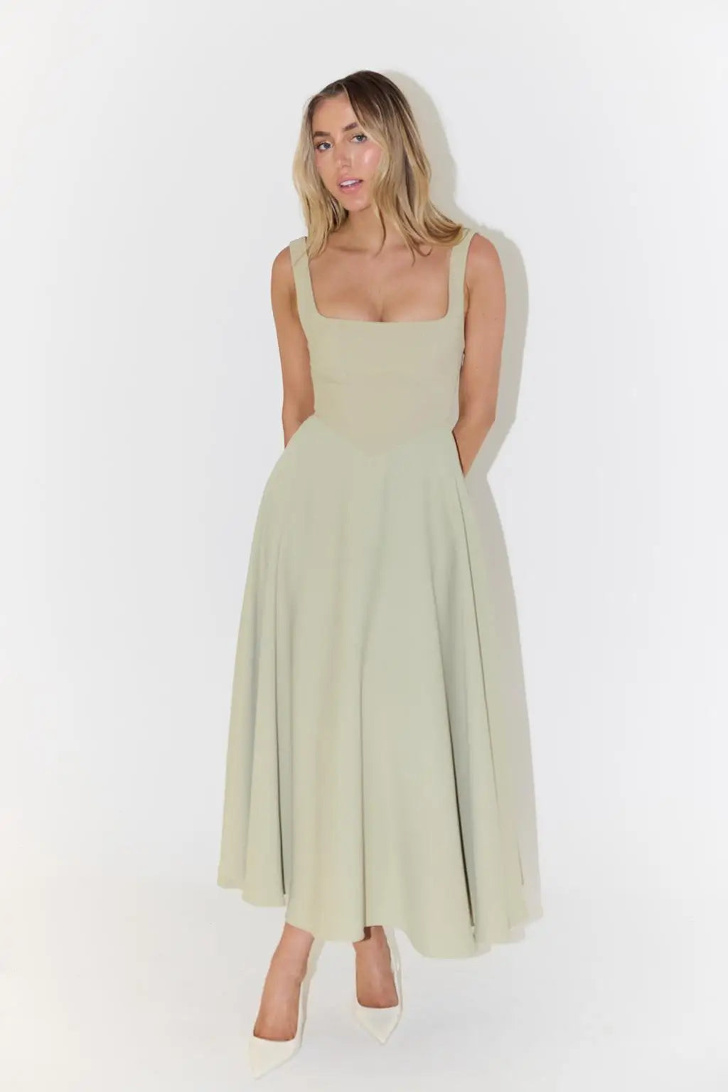 Elegant Square Neck Midi Dress For Women Summer Sleeveless High Waist Party Wedding Dress Female Chic Holiday Evening Vestidos