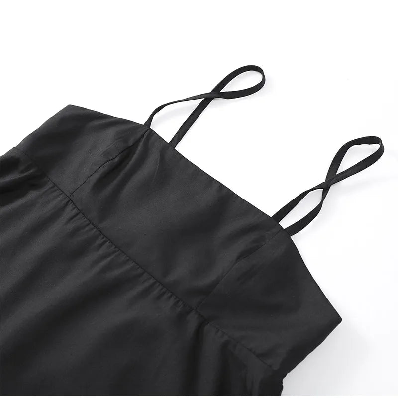 Black A-line Women's Long Dress Elegant Square Neck Pleated Sleeveless Sling Maxi Dresses 2025 Summer Lady Vacation Party Robes