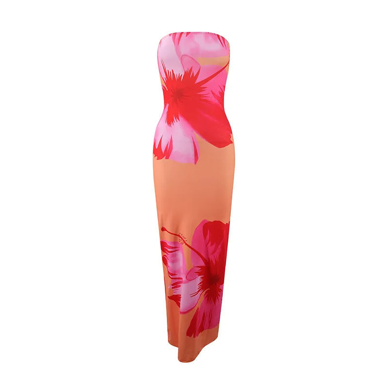 Summer 2025 New Fashion Temperament Sexy Strapless Slim Holiday Long Dress Elegant Backless Printing Sleeveless Dress