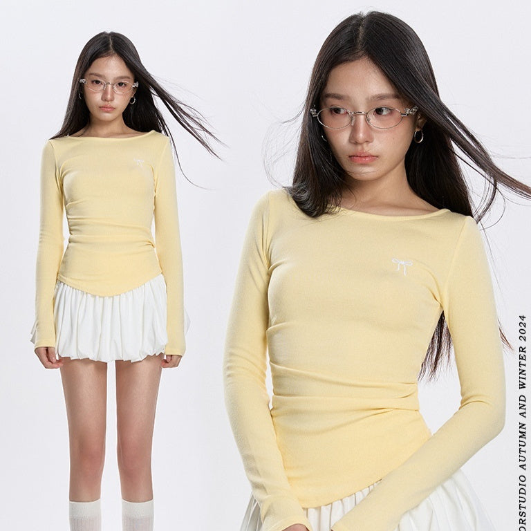Early Spring Round Neck Pleated All-match Long-sleeved T-shirt