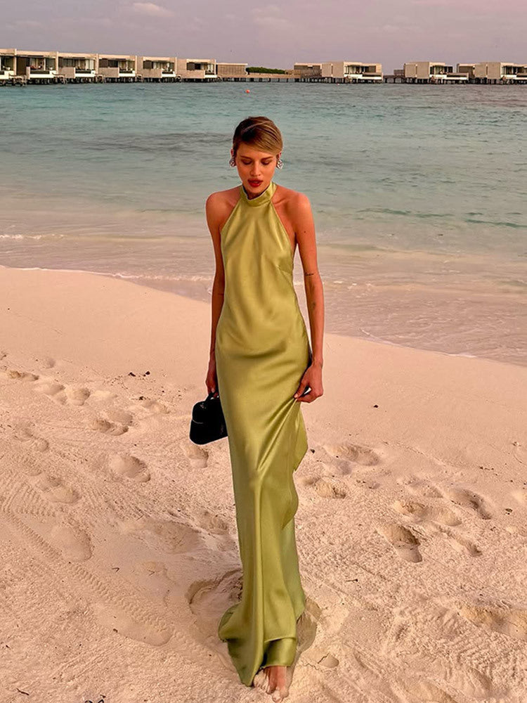 Fashion Halter Lace-up Solid Color Dress