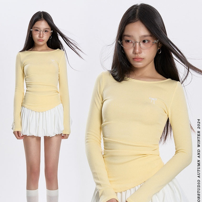 Early Spring Round Neck Pleated All-match Long-sleeved T-shirt