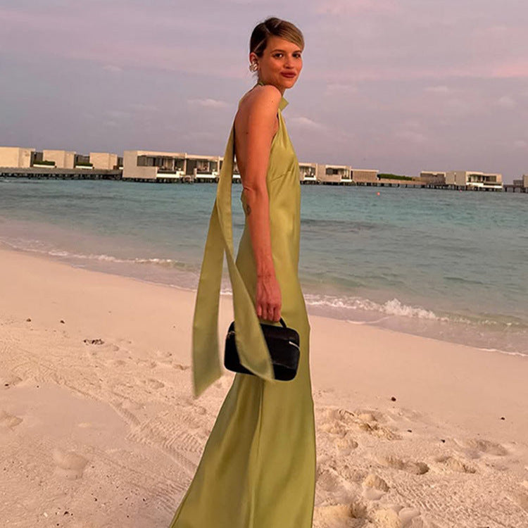 Fashion Halter Lace-up Solid Color Dress