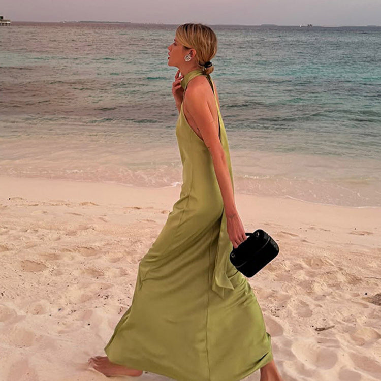 Fashion Halter Lace-up Solid Color Dress