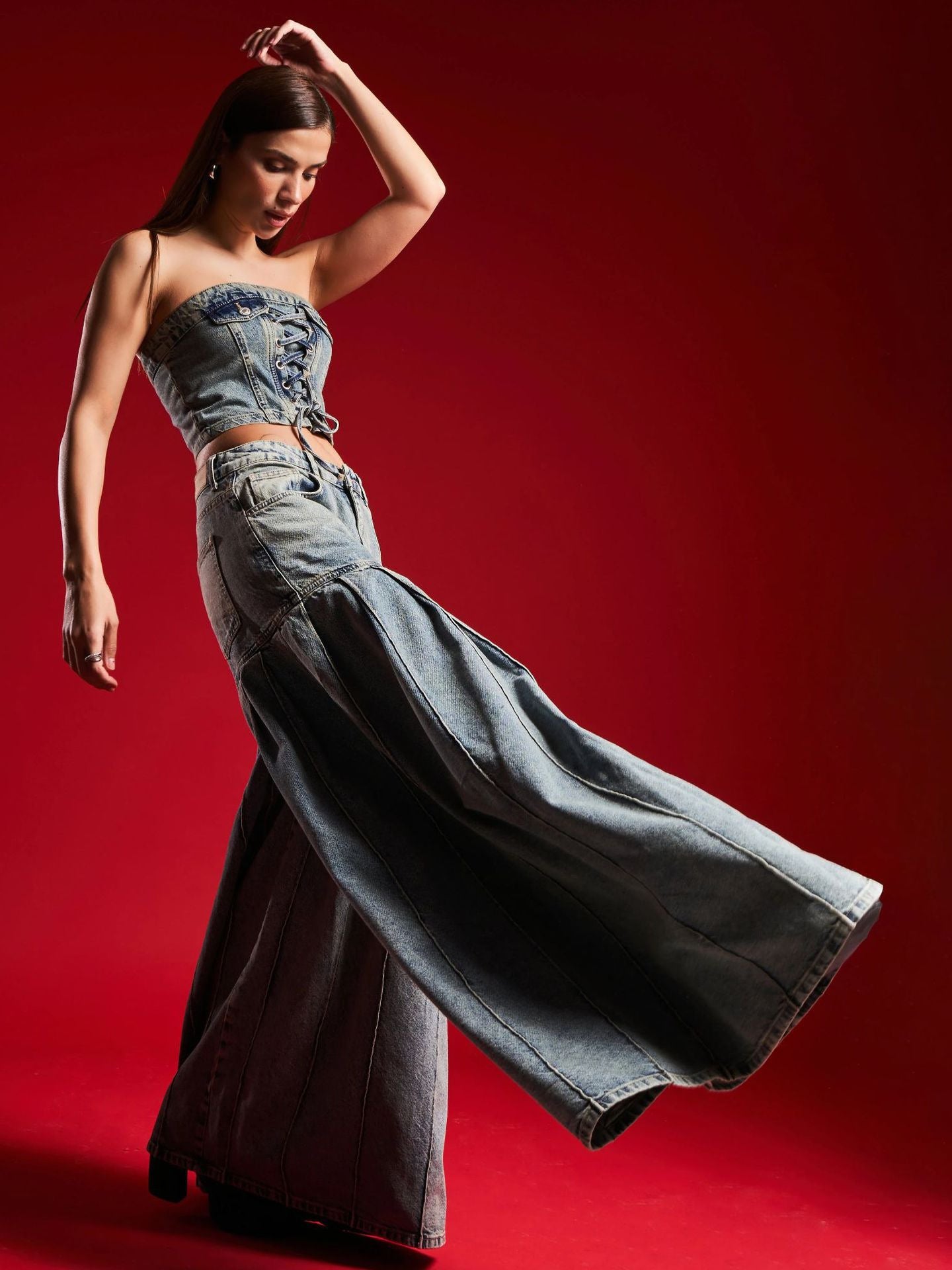 Strapless Denim Corset Crop Top & High - Waisted Pleated Wide - Leg Pants Set