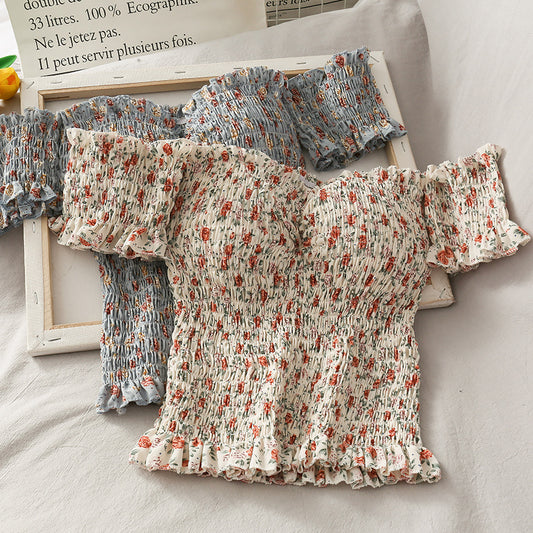 Shirt Floral Small Fresh Wooden Ears Retro Wrinkled Shoulder Tops Female Word New Slim Short Shirt