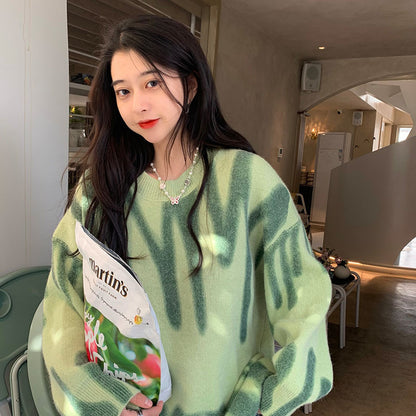 Retro Tie-Dye Knitted Sweater Women Trendy