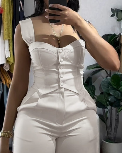 Apricot Sling Short Tight Vest Suit High Waist Wide Leg Trousers