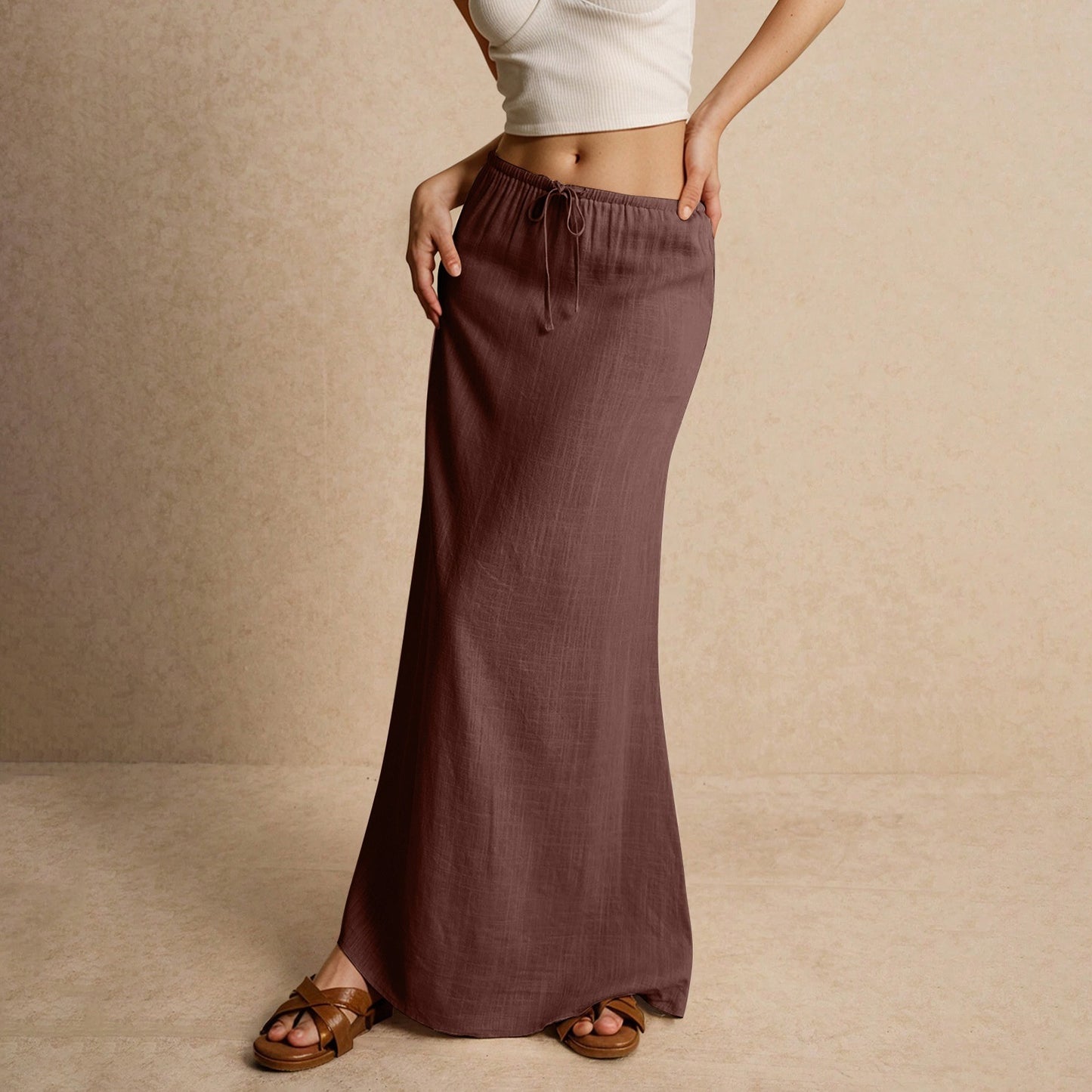 Women's Solid Color Drawstring Elastic Waist Skirt