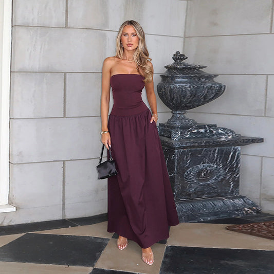 Tube Top Cinched Waist A Swing Backless Dress