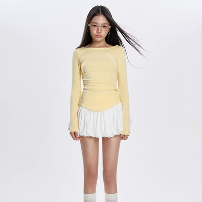 Early Spring Round Neck Pleated All-match Long-sleeved T-shirt
