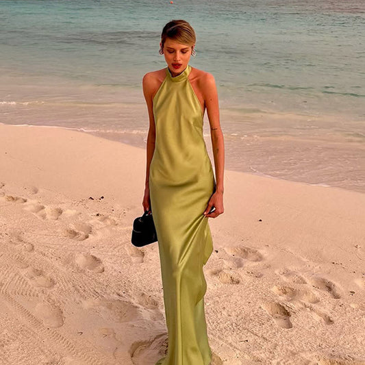 Fashion Halter Lace-up Solid Color Dress