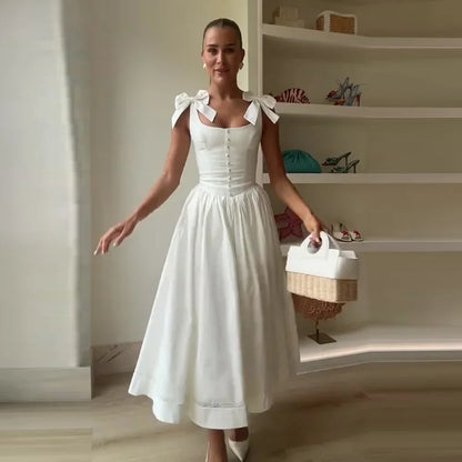 Fashion Woman Solid Bow A-line Dresses Ankle-length Sleeveless Backless Elegant Robes Swish Evening Party Bandage Slim Vestido