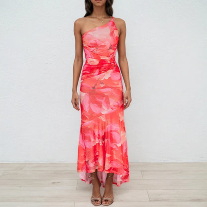 DEAT 2025 Summer New Asymmetric Shoulder Print Contrast Color Dresses For Women Beach Vacation Style Dress Female 33A4229