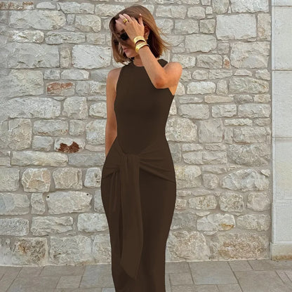 Tuularose Fashion Bandage Maxi Dress Women Elegant Pleated Patchwork Slit Dress Solid Sleeveless Office Lady Tank Top Dress Robe