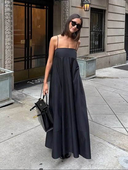 Black A-line Women's Long Dress Elegant Square Neck Pleated Sleeveless Sling Maxi Dresses 2025 Summer Lady Vacation Party Robes