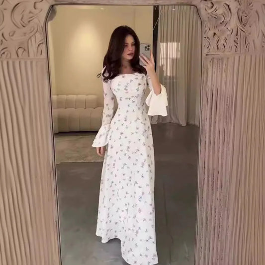 Elegant Women Long Dress Women 2025 Summer Floral Printed Long Sleeved Flare Sleeves Fashion Slim Fit Female Dresses Casual