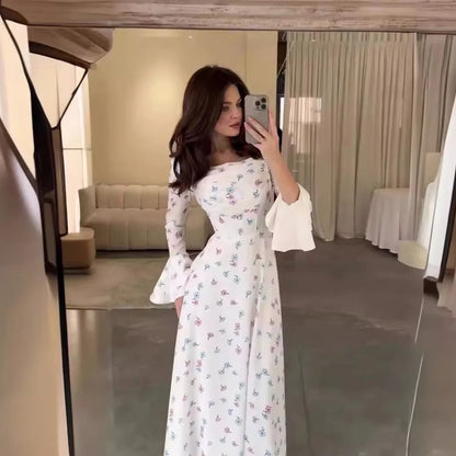 Elegant Women Long Dress Women 2025 Summer Floral Printed Long Sleeved Flare Sleeves Fashion Slim Fit Female Dresses Casual