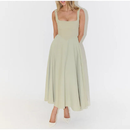 Elegant Square Neck Midi Dress For Women Summer Sleeveless High Waist Party Wedding Dress Female Chic Holiday Evening Vestidos