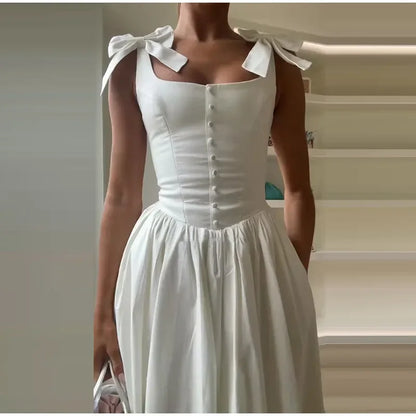 Fashion Woman Solid Bow A-line Dresses Ankle-length Sleeveless Backless Elegant Robes Swish Evening Party Bandage Slim Vestido