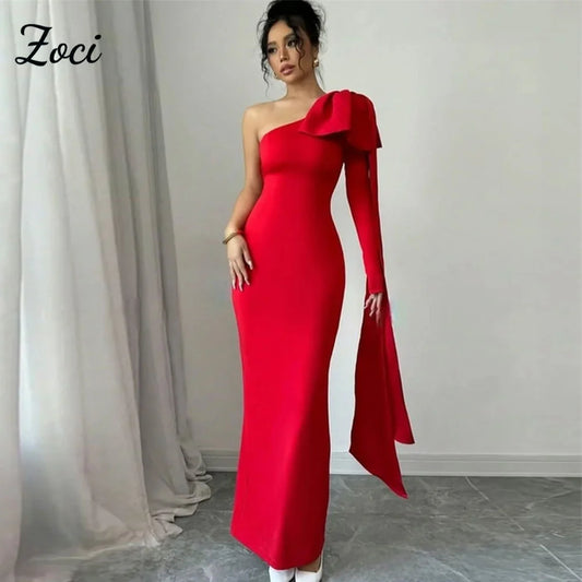 Zoci Sexy One Shoulder Saudi Arabic Prom Dresses Red Elastic Satin Bow Straps Formal Party Gown Customized Mermaid Evening Gown