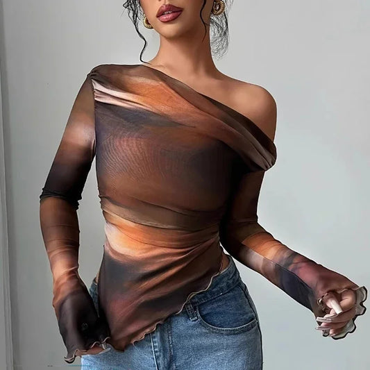 Sexy Long Sleeve T Shirt Women Slash Neck Printed Short Tops Female Elegant Slim Tee Women T-Shirts Spring Summer Shirt