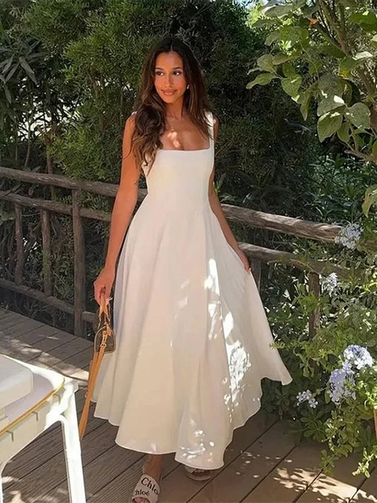 Elegant Square Neck Midi Dress For Women Summer Sleeveless High Waist Party Wedding Dress Female Chic Holiday Evening Vestidos
