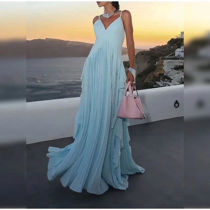 Women Blue V-neck Spaghetti Strap Dress Solid Elegant Sleeveless Waist Slimming Ruffle Edge Gowns Holiday Evening Dresses 2025