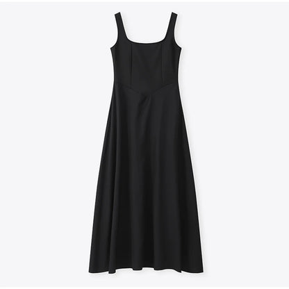 Black A-line Women's Long Dress Elegant Square Neck Pleated Sleeveless Sling Maxi Dresses 2025 Summer Lady Vacation Party Robes