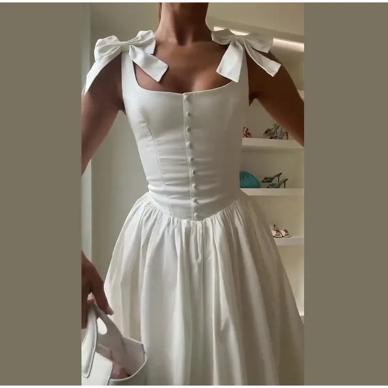Fashion Woman Solid Bow A-line Dresses Ankle-length Sleeveless Backless Elegant Robes Swish Evening Party Bandage Slim Vestido
