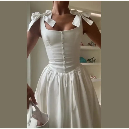 Fashion Woman Solid Bow A-line Dresses Ankle-length Sleeveless Backless Elegant Robes Swish Evening Party Bandage Slim Vestido